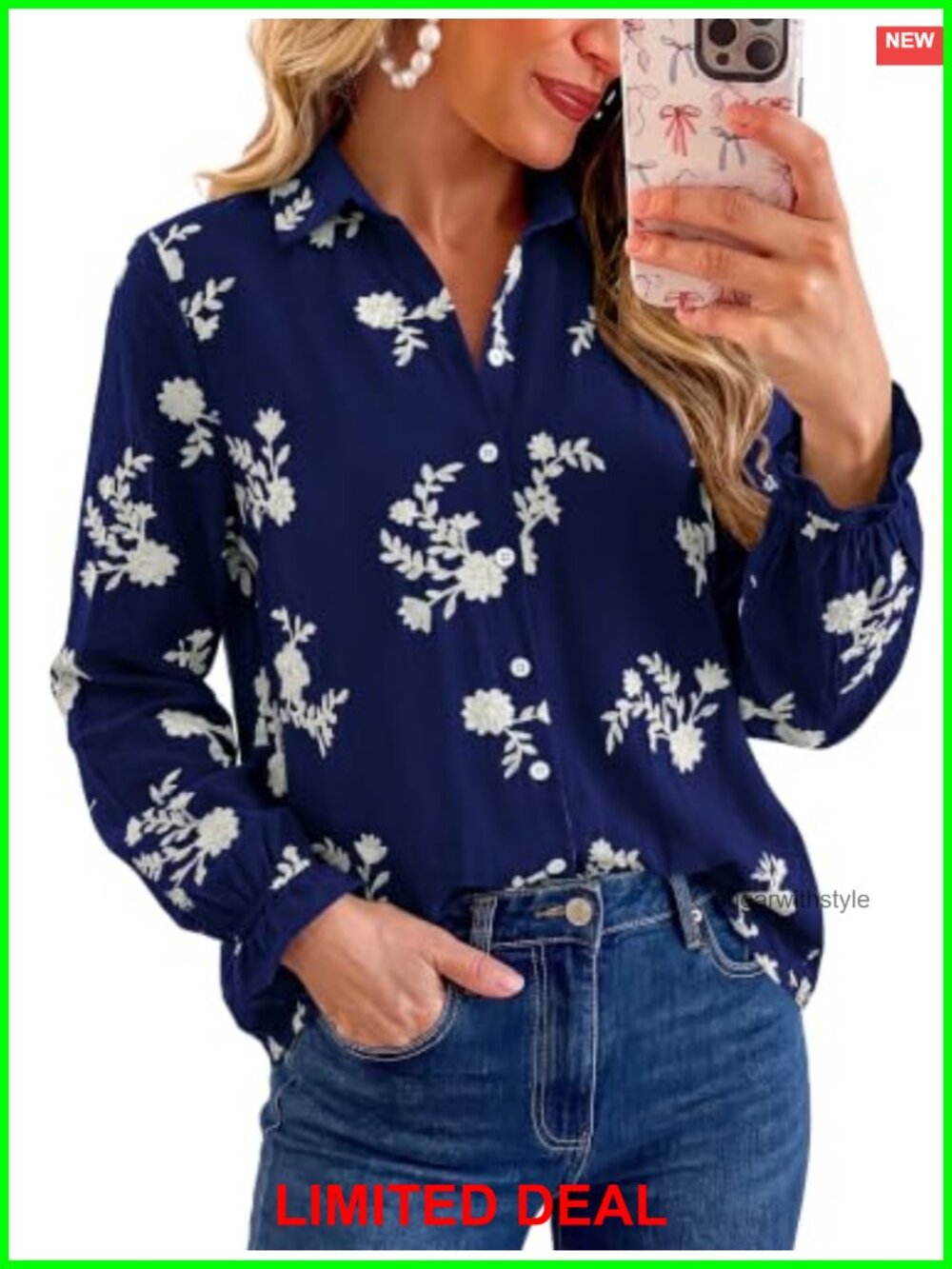 Boho Floral Embroidered Long Sleeve Button Down Blouse